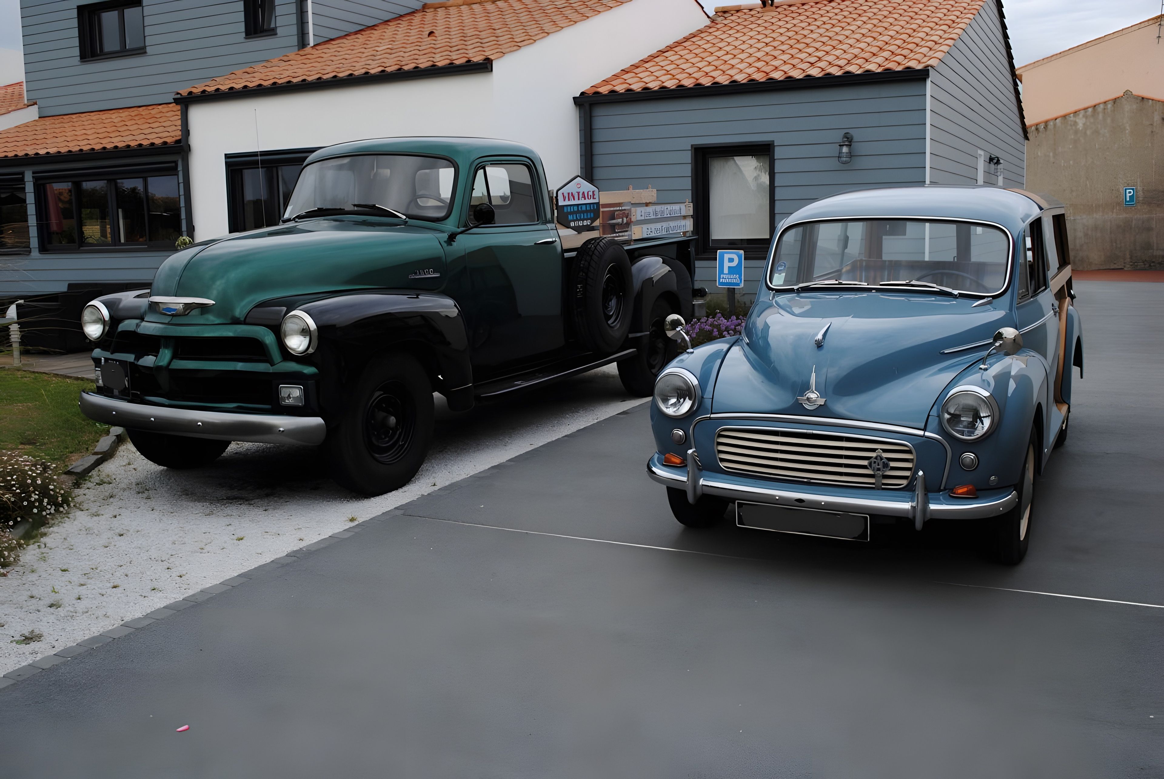 Two vintage cars parked in a driveway.