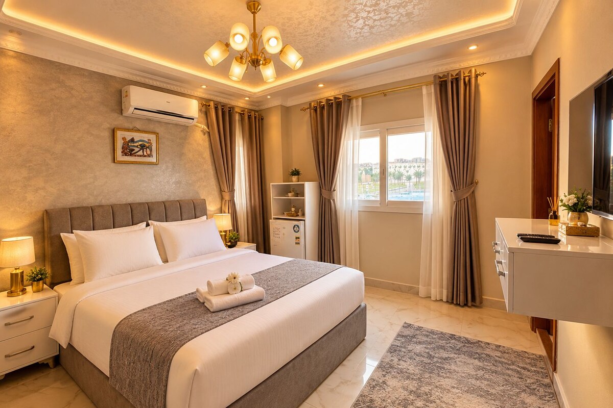A hotel room with a large bed, a desk with a TV, an air conditioning unit, and a window with curtains.
