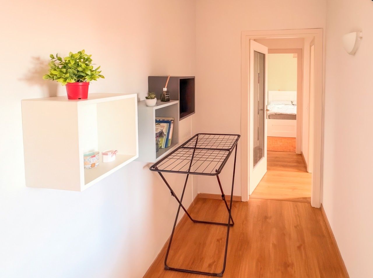 A hallway with a metal drying rack, a shelf with books and a potted plant, and a door leading to another room.