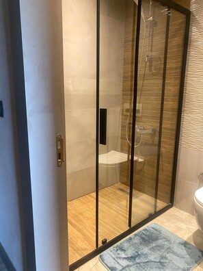 Une salle de bain moderne avec une douche à parois de verre, des toilettes et un plancher en bois.