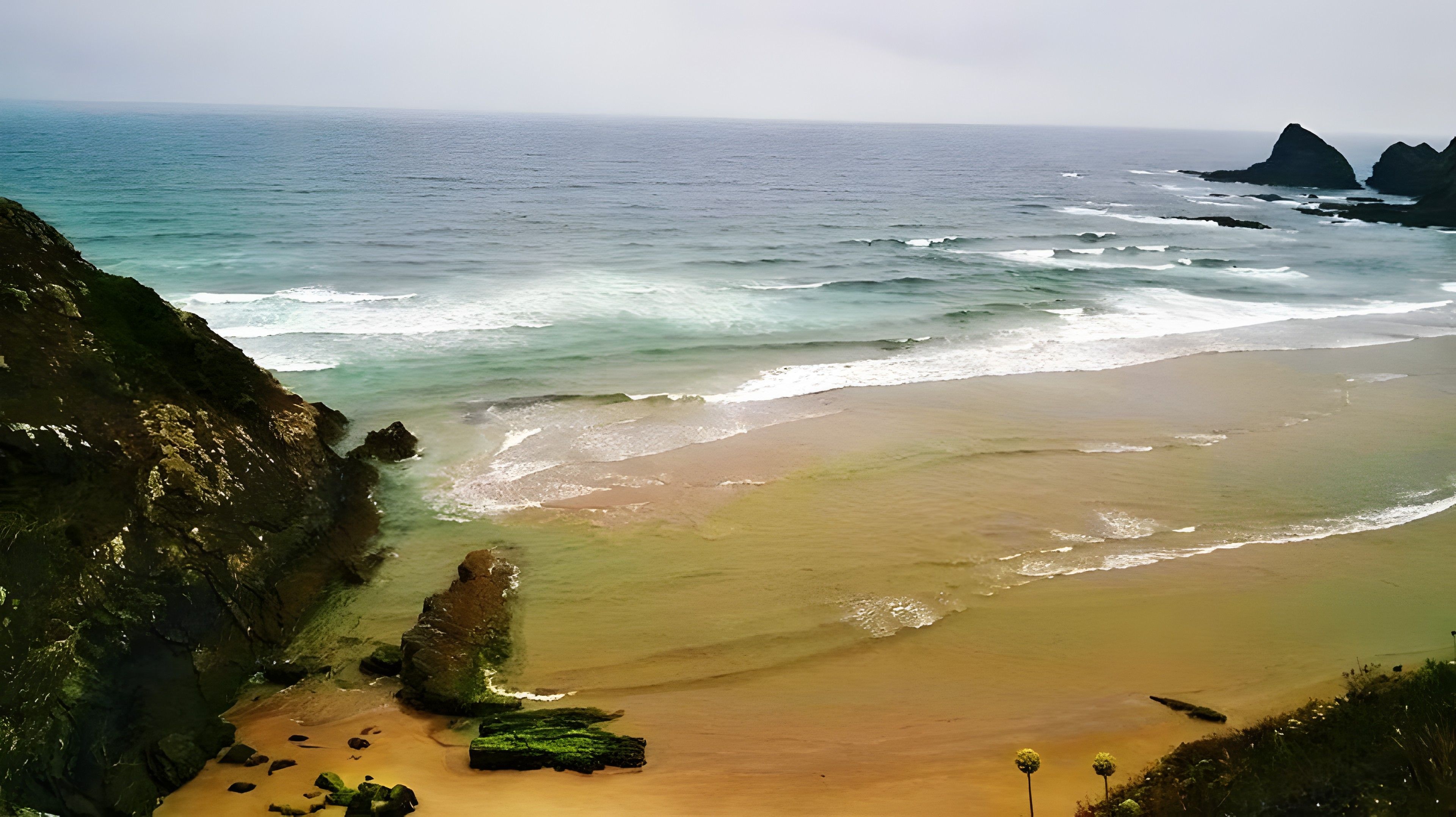 Un paysage côtier avec une plage de sable, des affleurements rocheux et l’océan.