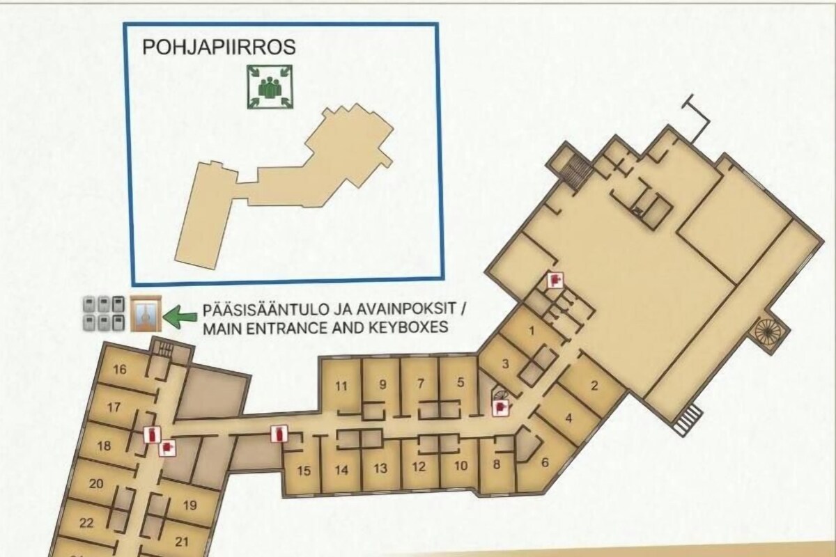 A floor plan of a hotel with numbered rooms, a main entrance, and keyboxes.