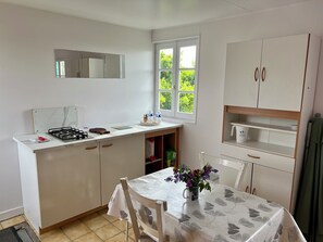 A kitchen with a gas stove, a sink, a window with a view of greenery, and a dining area with a table and chairs.