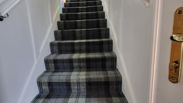 A staircase with a plaid carpet and white walls.