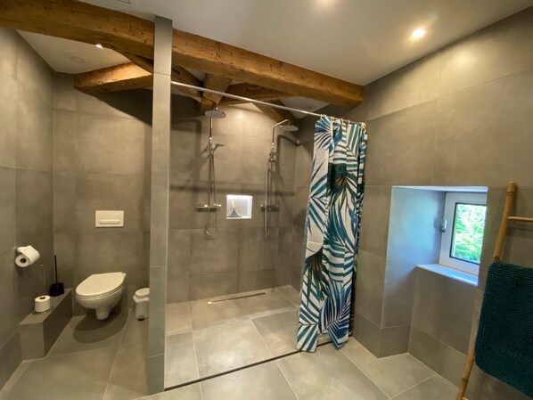 Une salle de bain moderne avec une douche à parois de verre, des toilettes et une fenêtre.
