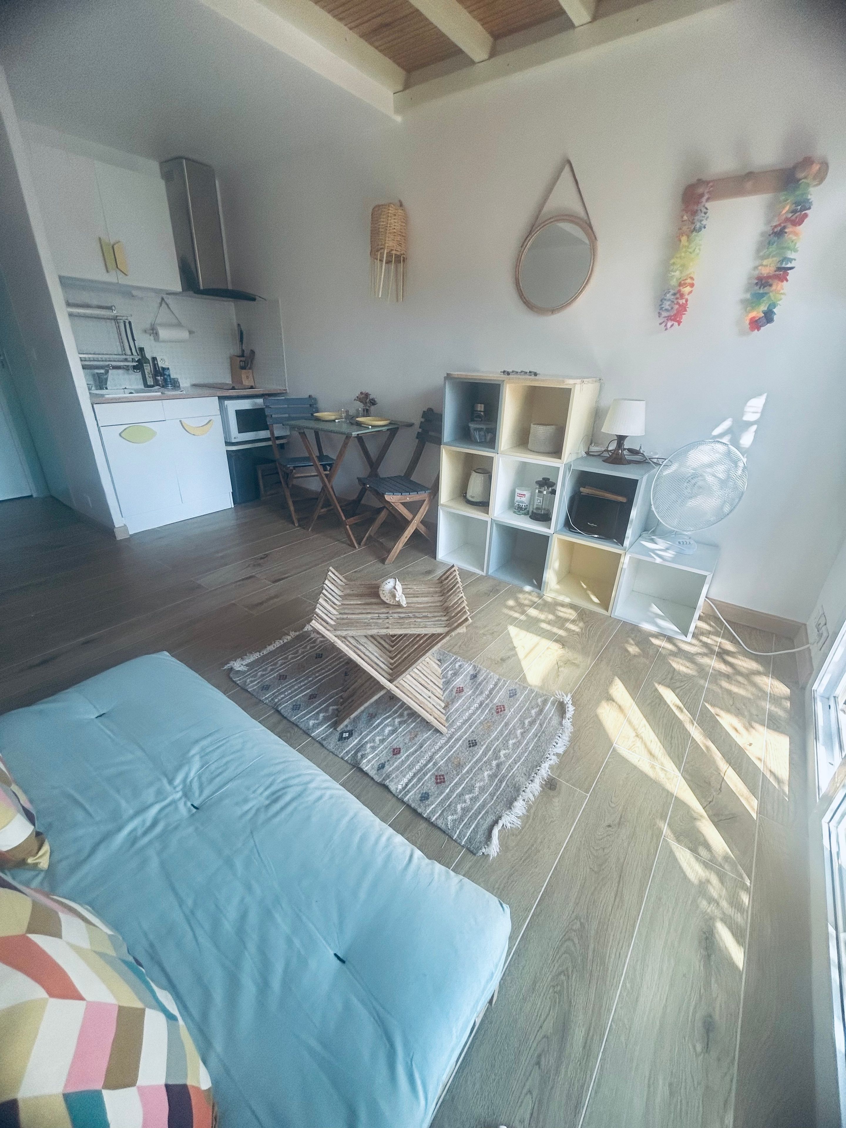 A compact living space with a kitchenette, a dining area, and a seating area with a blue sofa and a patterned rug.