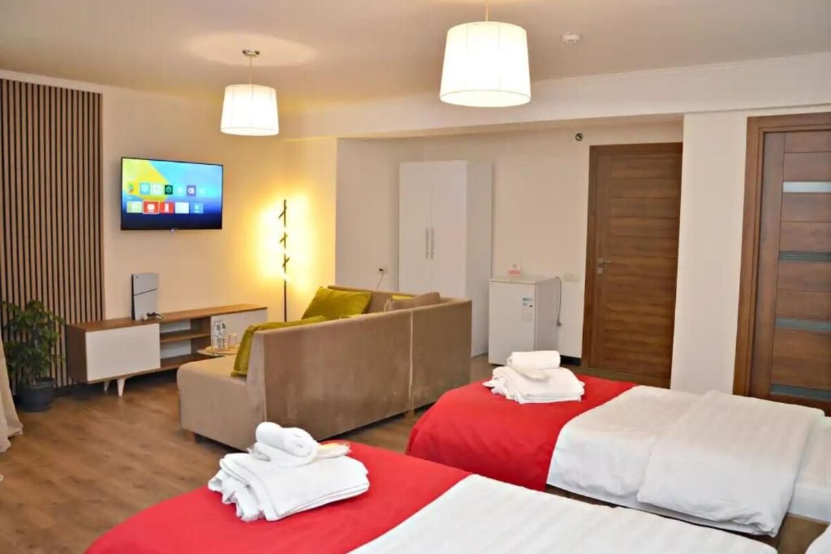 Een hotelkamer met een bed, een bank, een televisie en een bureau.