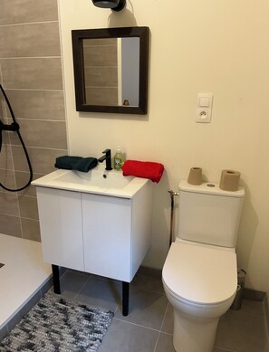 Kylpyhuone, jossa on valkoinen pesuallas, peili, wc ja suihkutila.