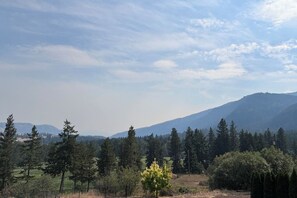 Un paysage montagneux avec un ciel dégagé, une forêt dense et une clôture au premier plan.