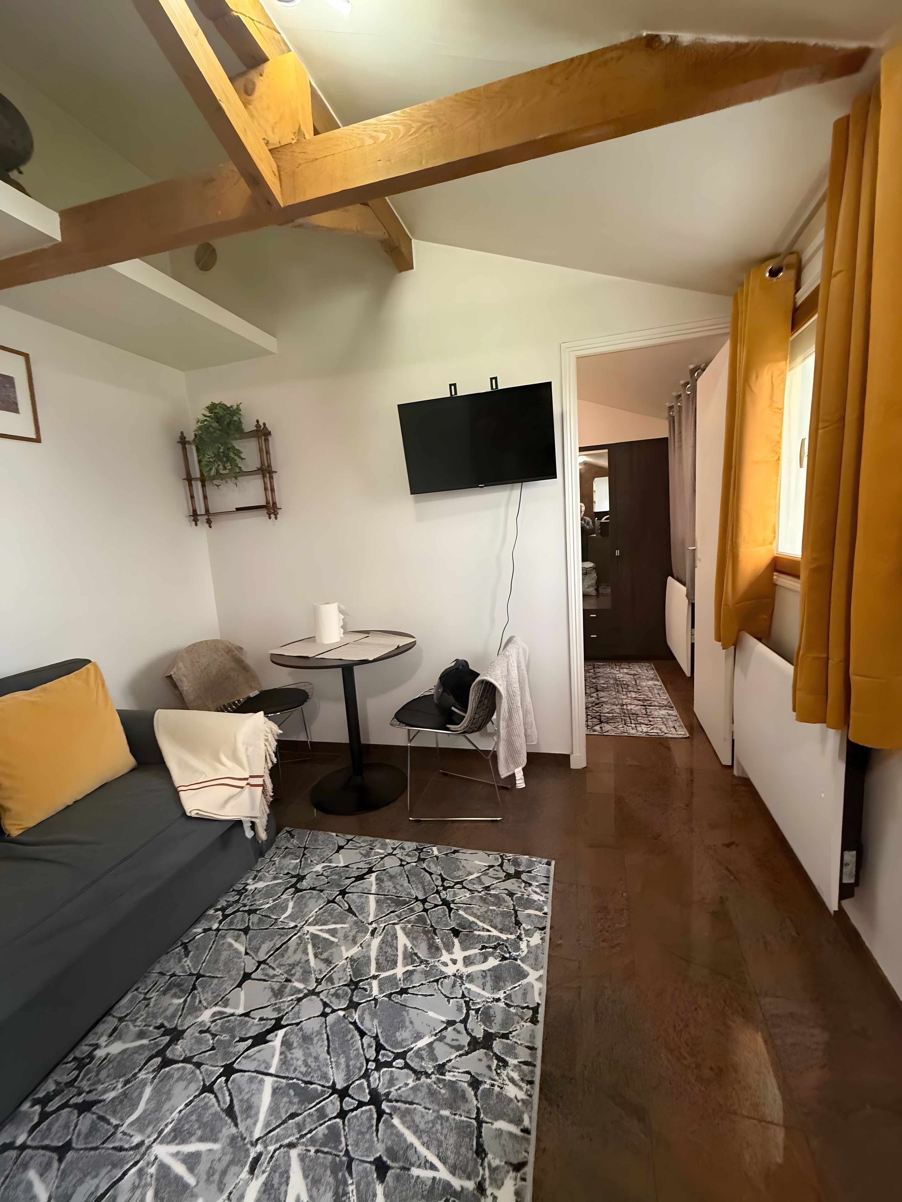 Una sala moderna con un sofá, una mesita, un televisor y una alfombra estampada.