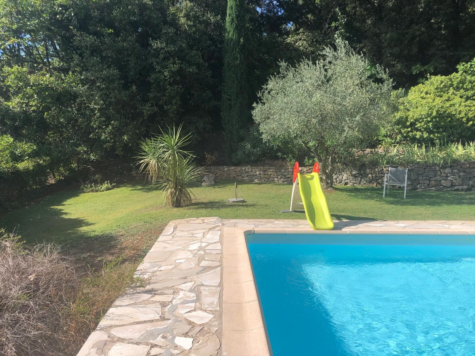 Une piscine bordée de pierres, un toboggan et un mur de pierres en arrière-plan.