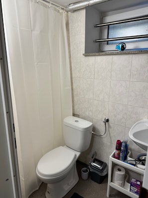Ein Badezimmer mit Toilette, Duschvorhang, gefliesten Wänden, einem Ablagefach für Toilettenartikel und einem Mülleimer.
