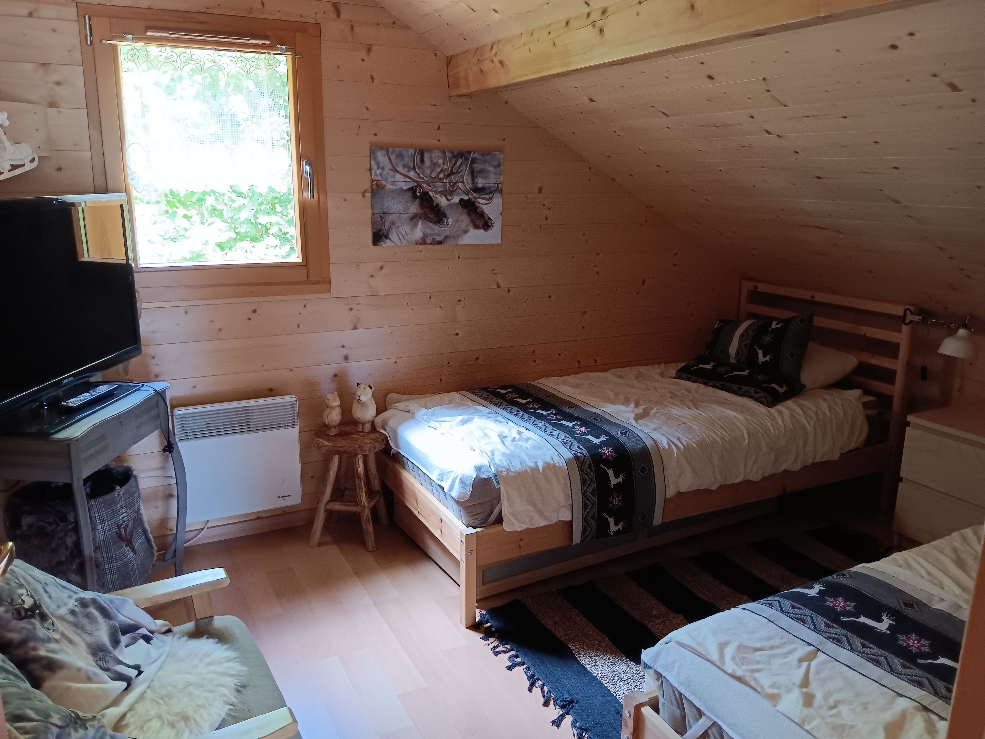 A cozy room with a bed, a desk with a television, a radiator, and a window with a view of greenery.