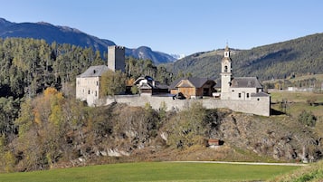 Un château de pierre historique, doté de nombreuses tours et d’une église, entouré d’un paysage boisé et de montagnes.