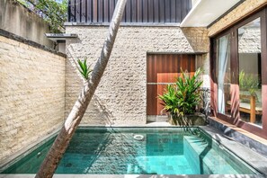 A small pool with a stone wall and a wooden door, surrounded by plants and a palm tree. - Chic 2BR Private Pool Villa Seminyak, Enclosed AC Living & Fast Wi-Fi (Badung)