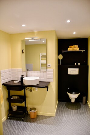 A bathroom with a white sink, a mirror, a towel rack, a toilet, and a trash can. - Bed and Breakfast 'La Chambre' with Shared Terrace, Shared Garden and Wi-Fi (La Rivière-Saint-Sauveur)