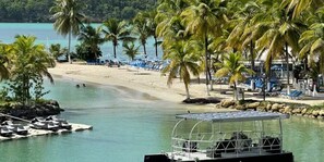 Ein Strand mit Palmen, einem Sandufer und einem Boot, das in der Nähe des Wassers liegt.