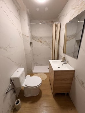 A bathroom with a toilet, shower, sink, and mirror. - Cami Real Hostel (Port de Sagunt)