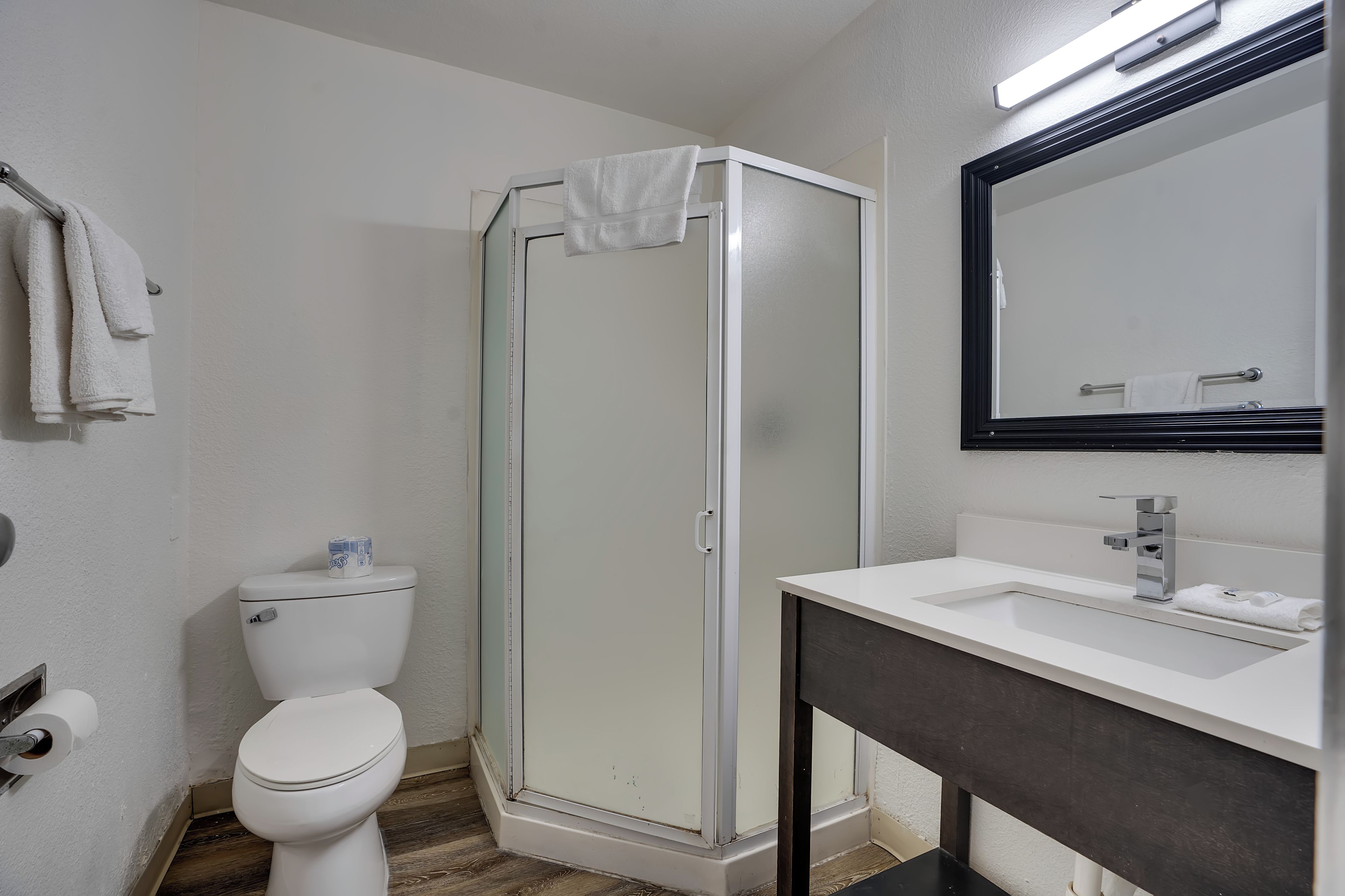 A bathroom with a toilet, a shower enclosure, and a sink with a mirror.