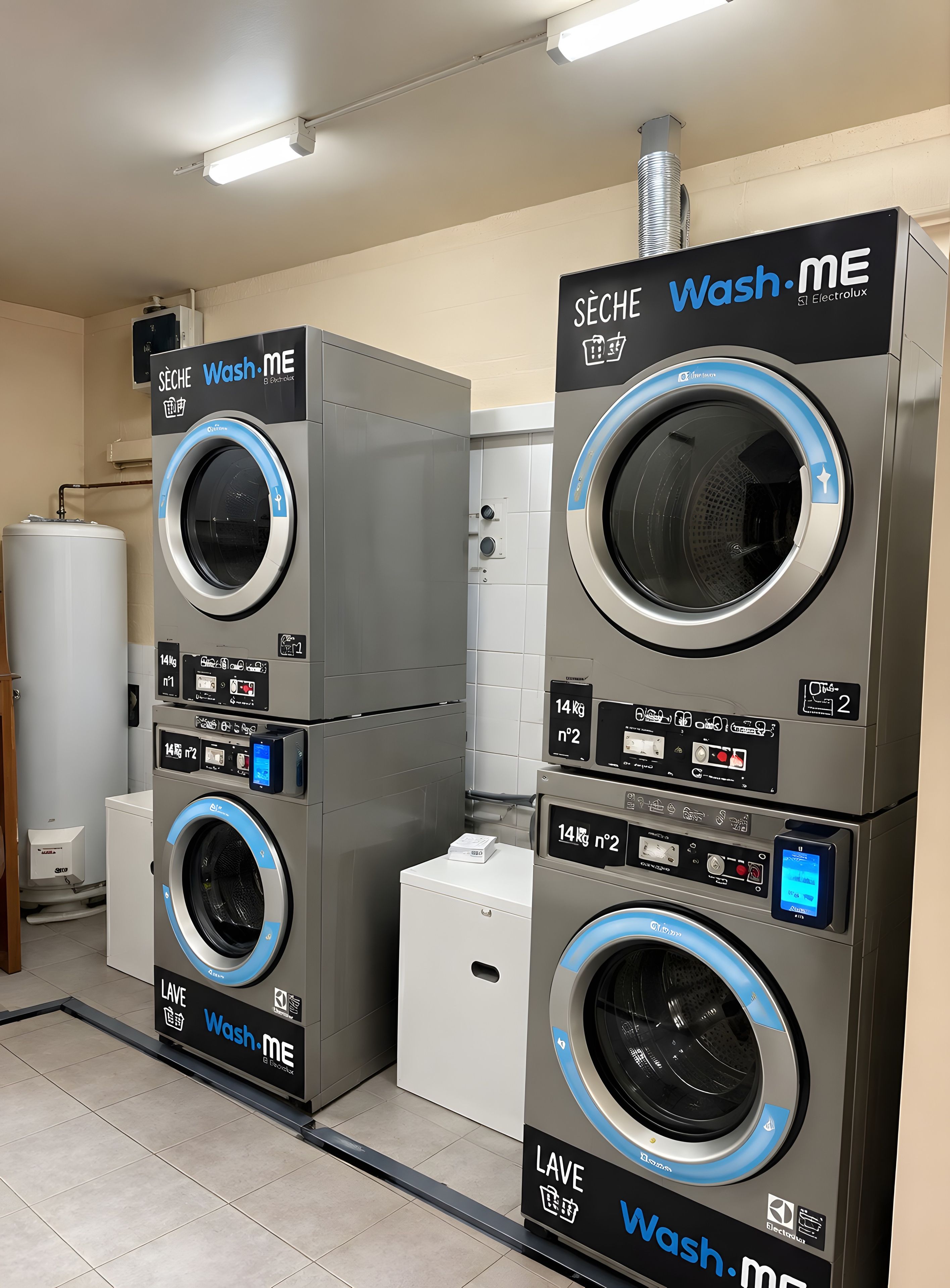 Two stacked commercial washing machines with digital displays, a water tank, and a white tiled wall.