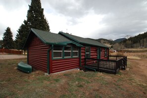 A log cabin with a green roof and a porch.