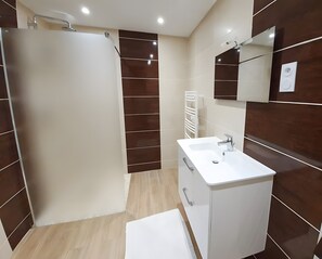 Een moderne badkamer met een douche, een wastafel en een spiegel.