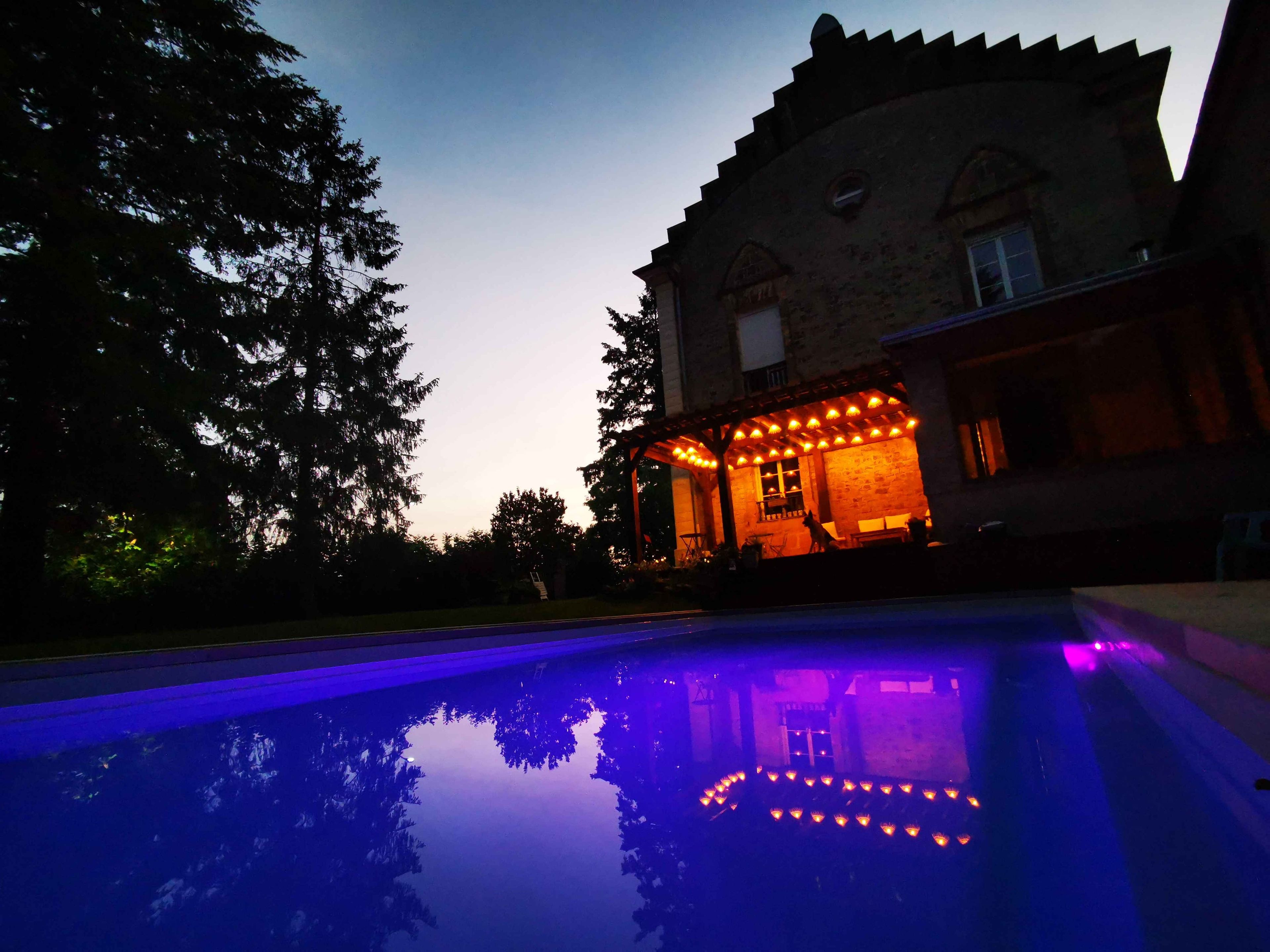 A building with a pool reflecting lights, surrounded by trees.