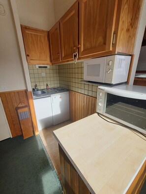 A compact kitchen with wooden cabinets, a microwave, a toaster oven, and a small sink. - New Listing (Arette)