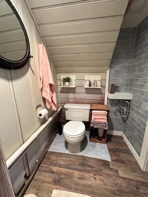 A compact bathroom with a toilet, sink, and a mirror. - Nice cozy 2-bedroom guest house in charming Marshfield. Short walk to the beach. (Marshfield)