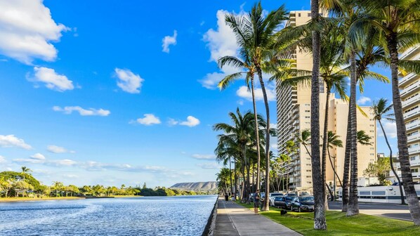 Un hôtel situé au bord de l’eau, doté d’une piscine, de palmiers et offrant une vue sur un ciel dégagé.