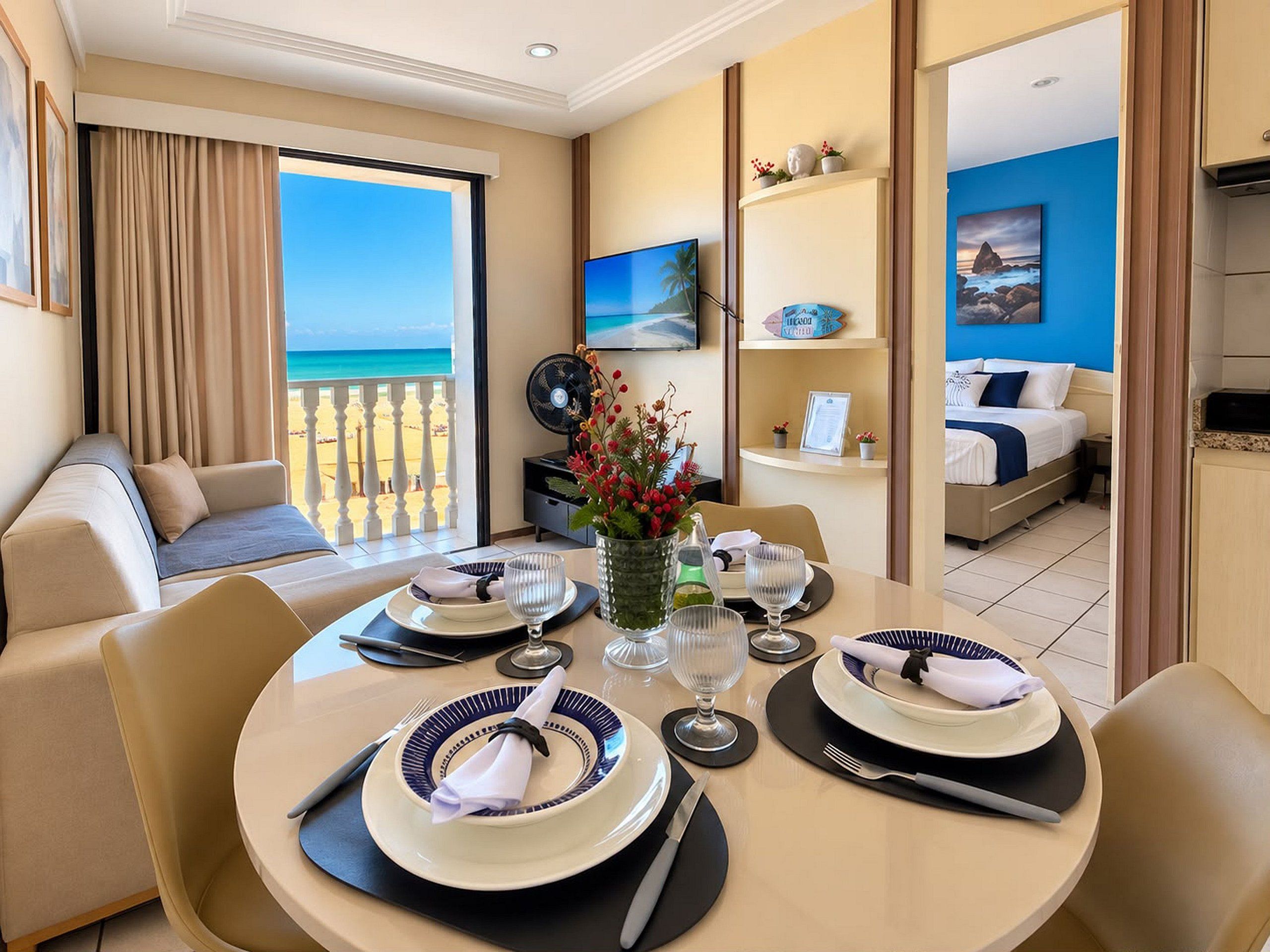 Een hotelkamer met balkon, een eethoek voor twee personen en een bed met uitzicht.