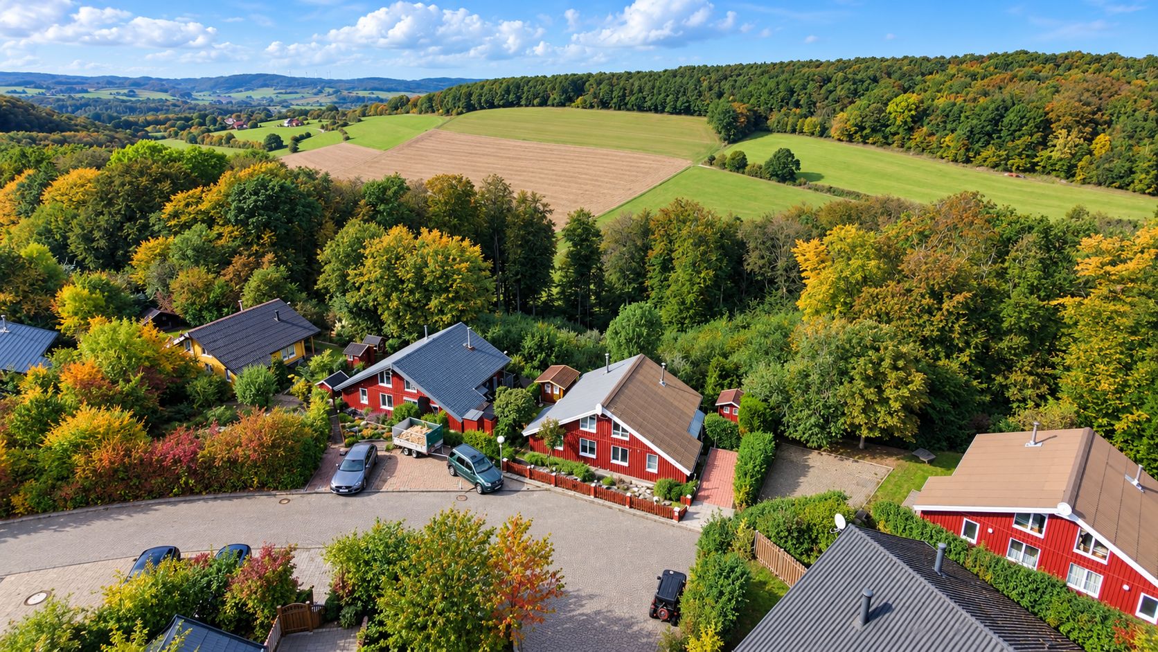 Ländliche Landschaft mit roten Häusern, einem Parkplatz und umliegenden Feldern.