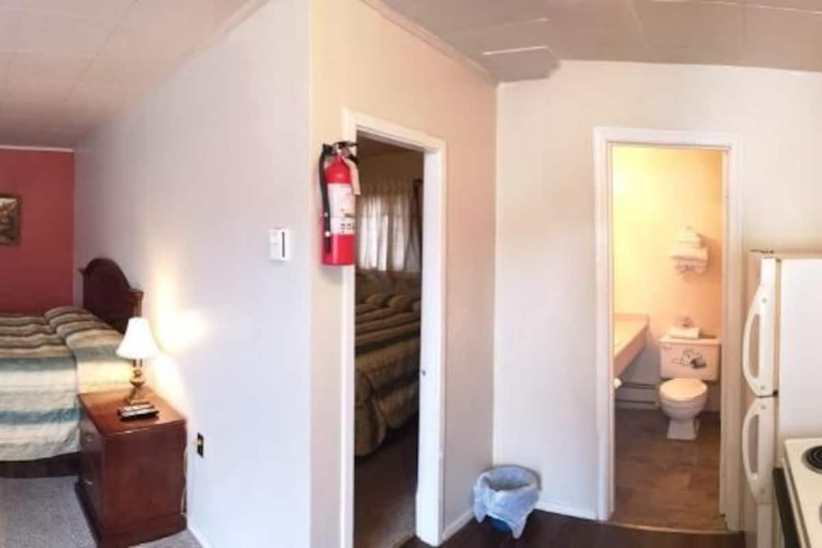 A compact hotel room with a bed, a television, a small table, a chair, a desk, a lamp, a fire extinguisher, a refrigerator, and a bathroom with a toilet and sink.