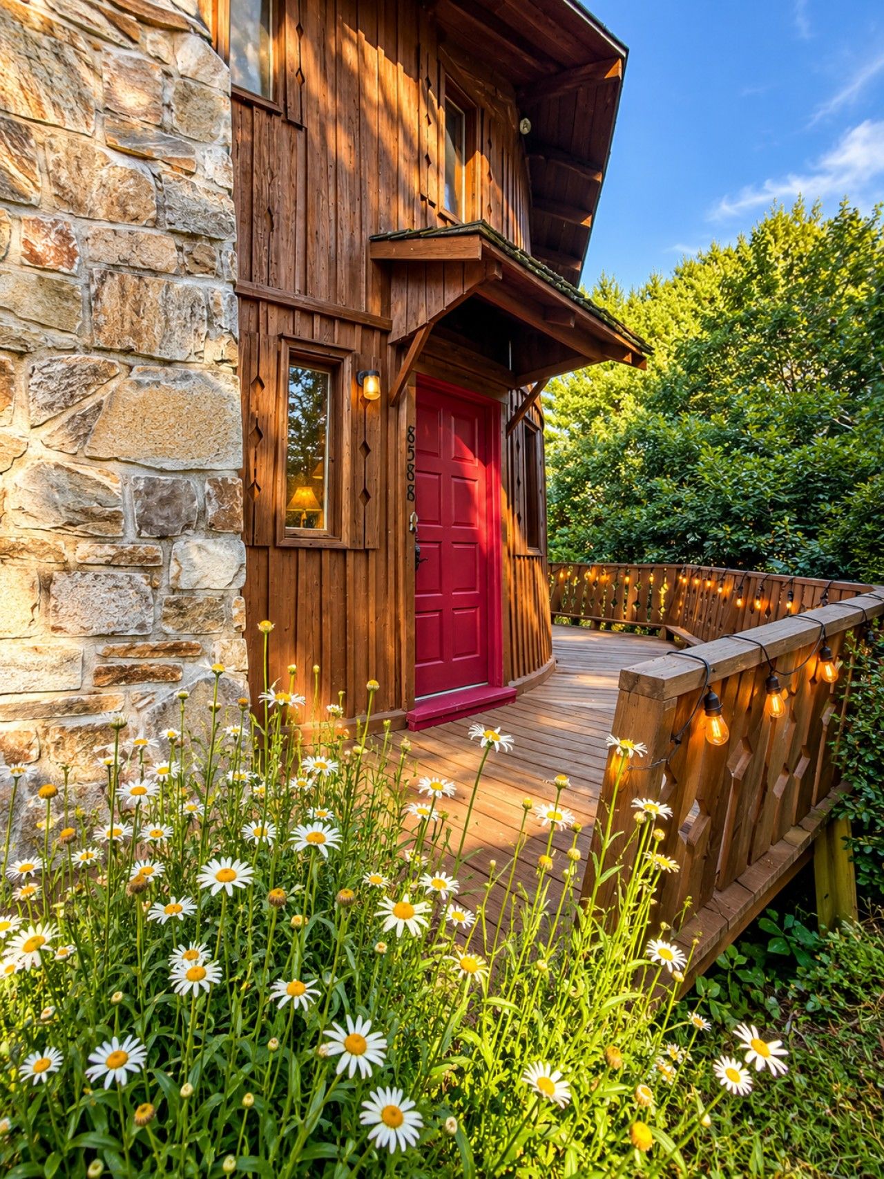 Eine Holzhütte mit einer Steinwand, einer roten Tür und einer Holzterrasse, die von Blumen umgeben ist.