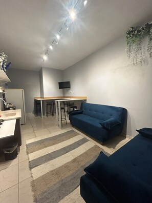 A compact living space with a kitchenette, a sofa, a dining area with chairs, and a TV mounted on the wall. - New Listing (Jaraguá do Sul)