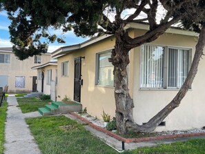 Un immeuble résidentiel avec une allée pavée, un arbre devant et un petit jardin.
