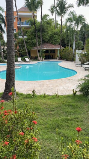 En swimmingpool med solstolar, omgiven av palmer och en liten byggnad.