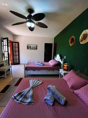 A bedroom with a bed, pillows, a nightstand, a ceiling fan, a painting, and a door.