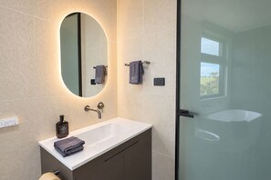 A modern bathroom with a white sink, a large mirror, and a glass shower enclosure. - Grevillea vineyard cabin with outdoor bath (McLaren Vale)