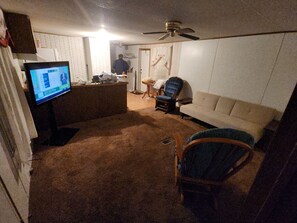 Een woonkamer met een televisie, een plafondventilator, een bank en een fauteuil.