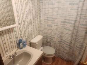 Een badkamer met toilet, wastafel en douchegordijn.