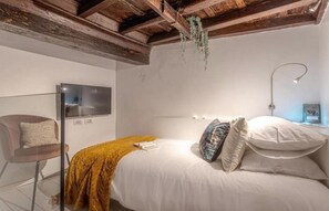 A bedroom with a bed, a chair, a TV, and a hanging plant. - Bramante Collection – Navona Apartment By RHR (ROMA)