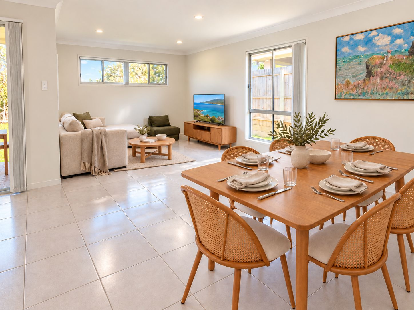 A modern living room with a sofa, coffee table, and TV, and a dining area with a wooden table set for four.