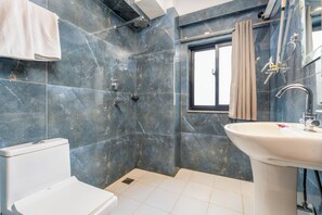 A bathroom with a toilet, a sink, and a shower area. - Pashupati Front Hotel (Kathmandu)
