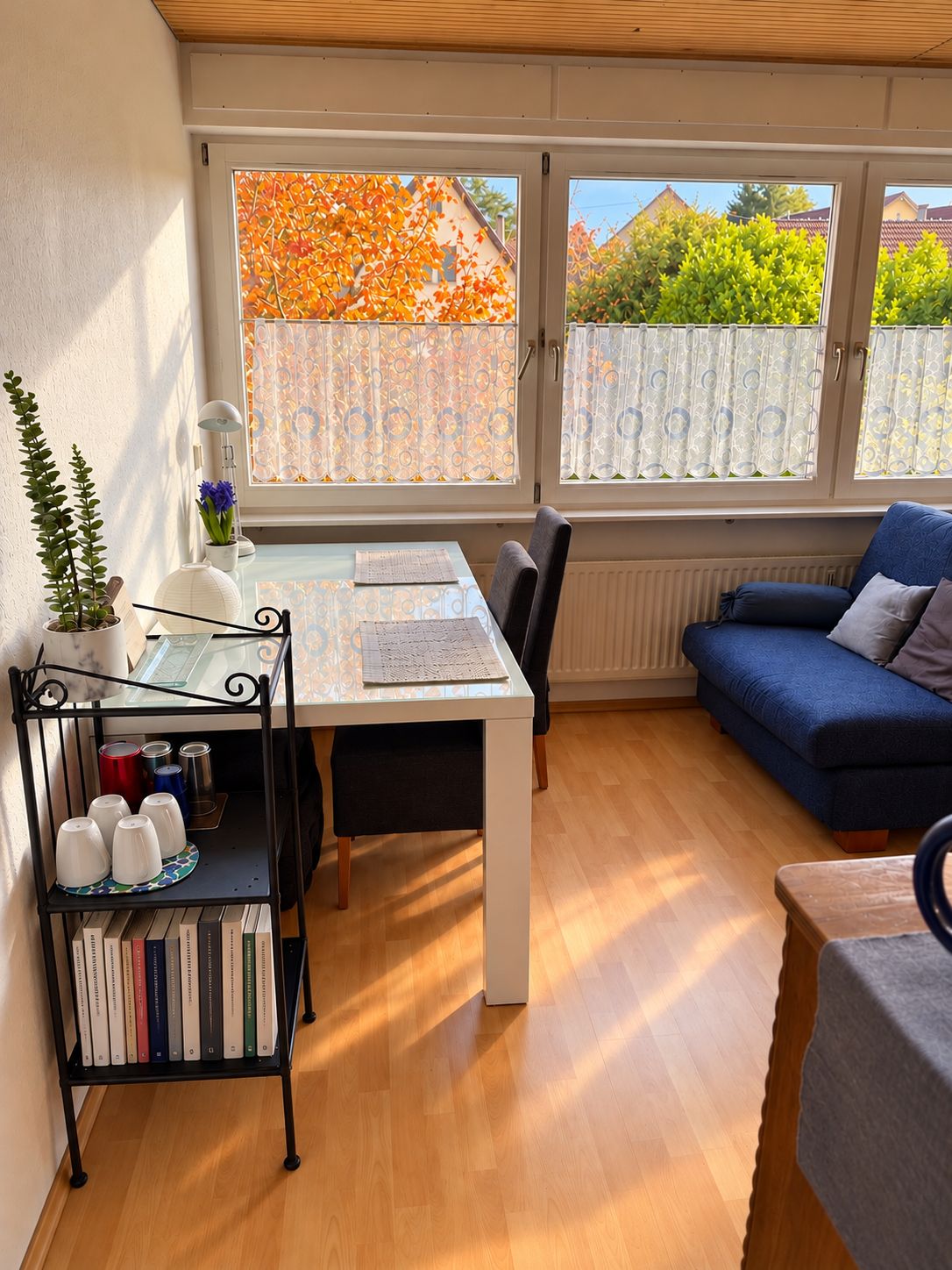 Ein gemütliches Zimmer mit Esstisch, einer Couch, einem Bücherregal und Blick auf Herbstlaub durch die Fenster.