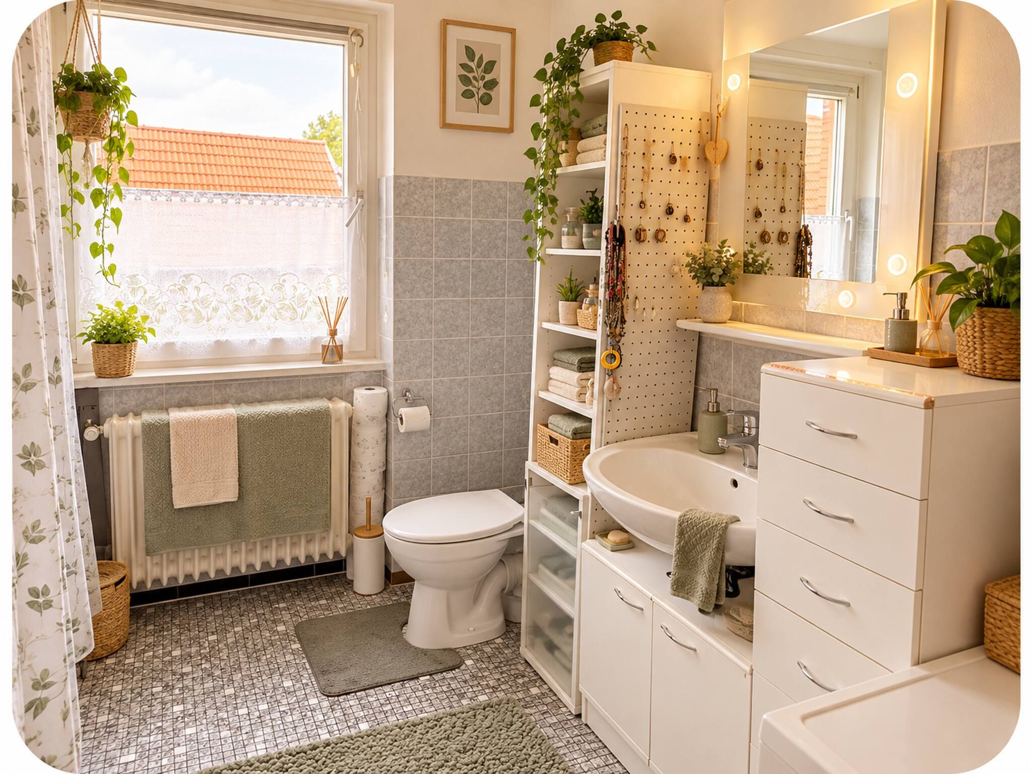 A bathroom with a toilet, sink, and shelves with toiletries.