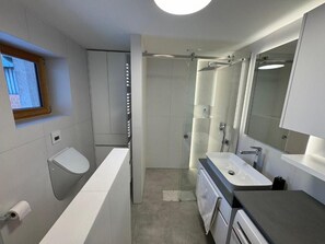 Een moderne badkamer met toilet, hygiëneslot, douche en wastafel.
