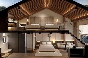 A modern interior with a loft bedroom, a staircase, and a dining area. - Yonghe lark hotel (Beijing)