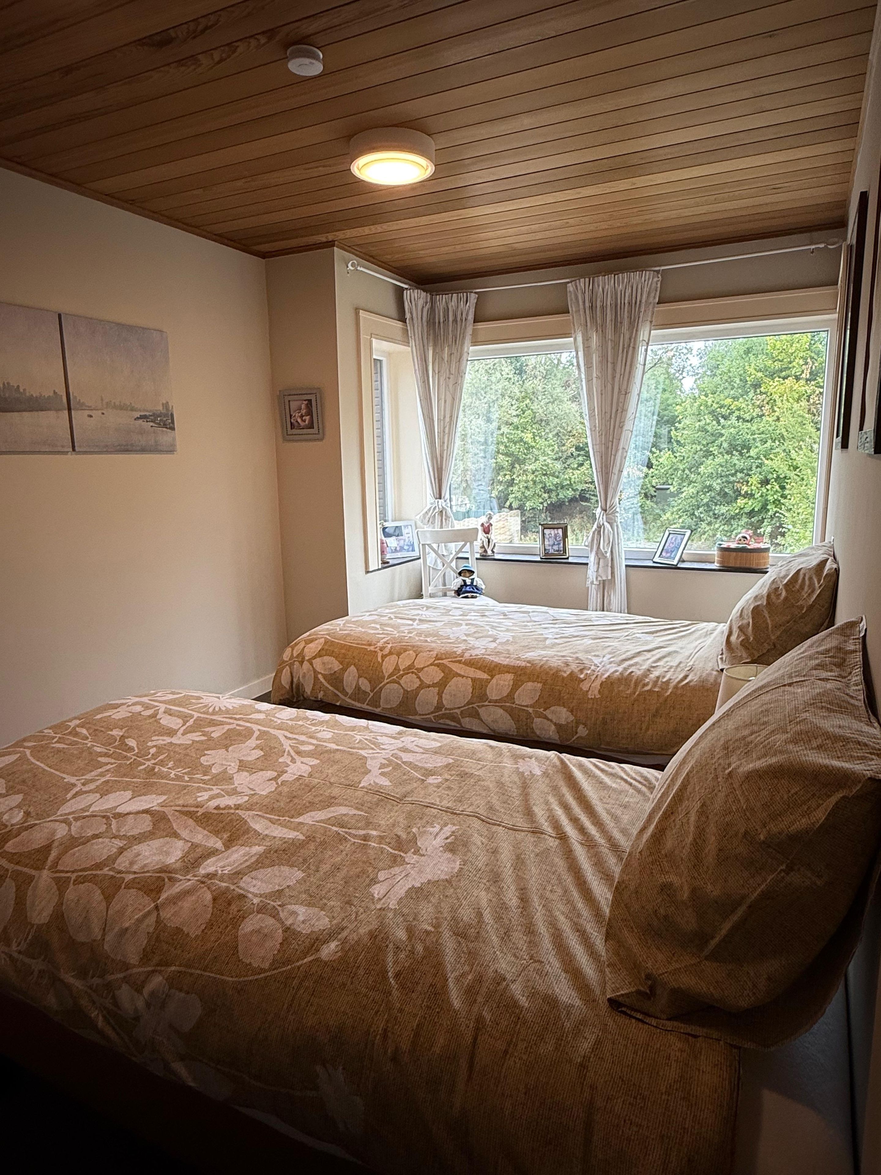 Une chambre avec deux lits, une fenêtre avec des rideaux, un luminaire au plafond et une vue sur la verdure.