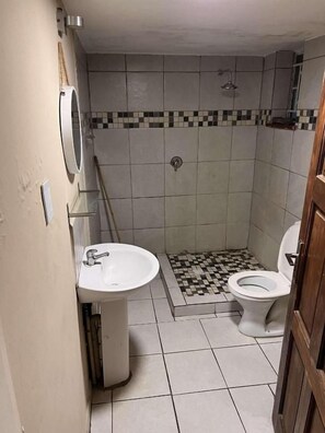 A bathroom with a toilet, sink, and shower area. - Los Angeles Gueshouse (Benoni)